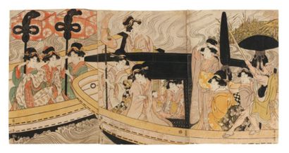Eizan Kikugawa (1787-1867) La traversée de la rivière Une dame noble, accompagnée...