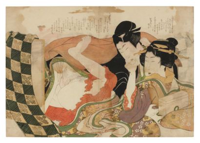 Eizan Kikugawa (1787-1867) attribué à Estampe érotique Une femme en kimono liséré...