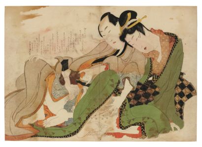 Eizan Kikugawa (1787-1867) attribué à Estampe érotique Une femme en kimono vert semble...