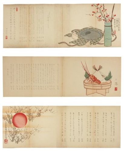 null Lot de : a - Hanzan (1820-1882) Pot de fleurs et boîte Long Shijo surimono 3...
