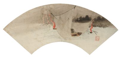 Hiroshige (attiribué à) Cette très belle aquarelle en forme d'éventail semble être...