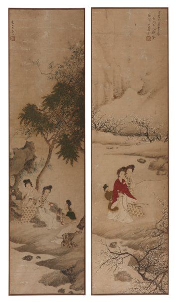 Jiang Lian L' hiver ; Le printemps ; L' été Lot de peintures polychromes sur papier...