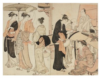 Kiyonaga Torii (1752-1815) Le cinquième mois Des courtisanes se promènent près d'une...