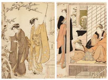 Kiyonaga Torii (1752 - 1815) Jour d' hiver dans le jardin d'une maison de thé À gauche,...
