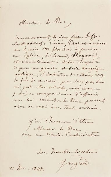 INGRES Jean-Dominique (1780-1867) Peintre français. Lettre autographe signée, 1 page...
