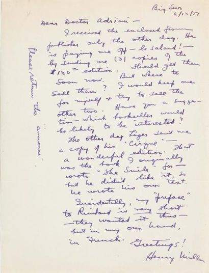 MILLER Henry (1891-1980) Romancier américain. Lettre autographe signée, 1 page pleine...