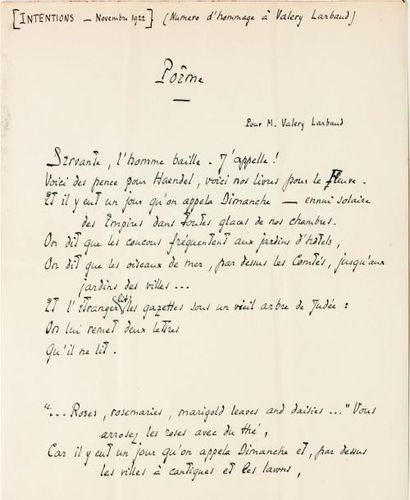 SAINT-JOHN PERSE, Alexis Leger, dit Poème autographe, 2 ½ pages in-4. Sans date [mais...