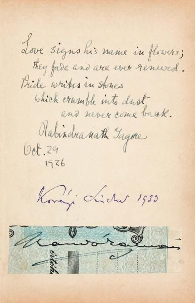 TAGORE Rabindranath (1861-1941) Ecrivain indien, prix Nobel en 1913. Pièce autographe...