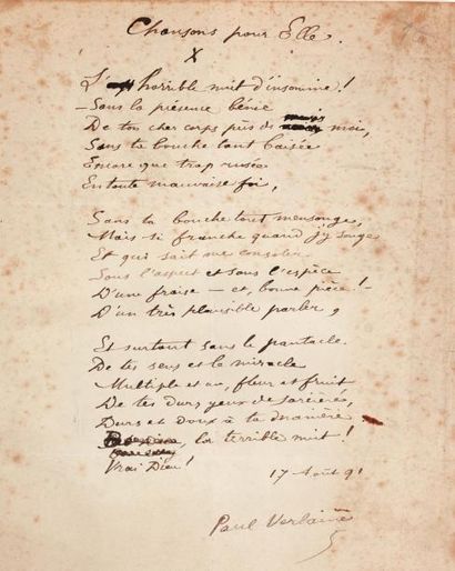 VERLAINE Paul Poème autographe signée « Paul Verlaine » et daté de sa main « 17 Août...