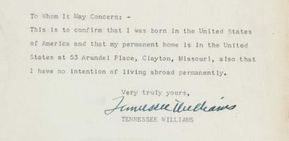 WILLIAMS Tennessee (1911-1983) Ecrivain américain. Lettre signée « Tennessee Williams...
