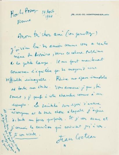 COCTEAU Jean Lettre autographe signée « Jean Cocteau », 1 page pleine in-4 ; La Roche-Posay,...