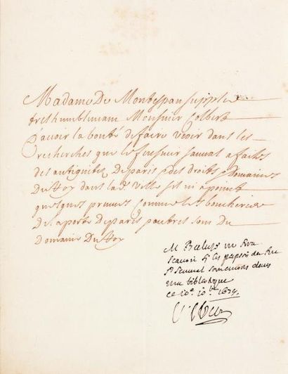 COLBERT Jean-Baptiste (1619-1683) Ministre de Louis XIV. Note autographe signée au...
