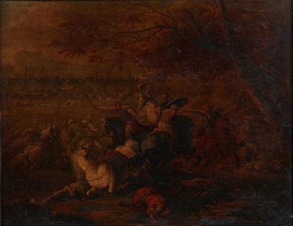 ATTRIBUÉ À FRANCESCO SIMONINI (1686 - 1753) Scènes de batailles Paire de toiles....