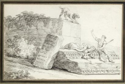 Hubert ROBERT (Paris 1733-1808) Personnages dans des ruines Deux dessins à la pierre...