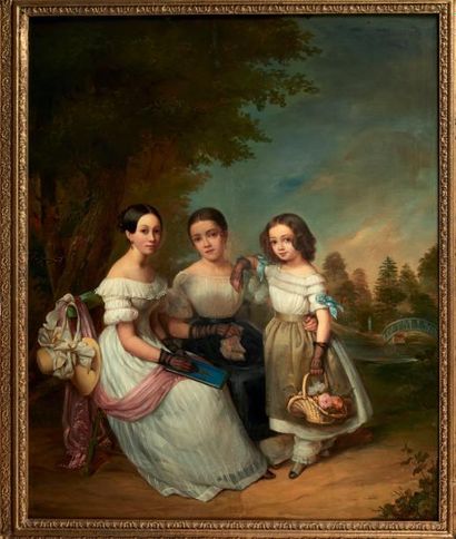 École BELGE du XIXe siècle Portrait de trois jeunes femmes Panneau parqueté. Monogrammé...