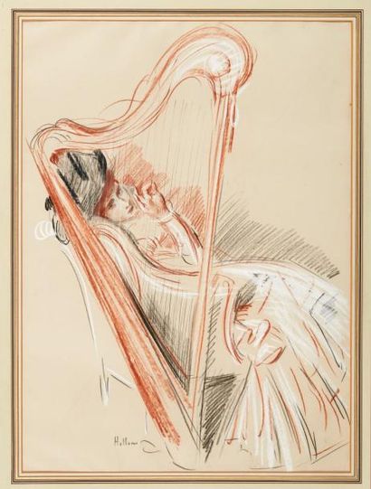 Paul César HELLEU (1859-1927) Femme à la harpe
Sanguine sur papier.
Signé en bas...