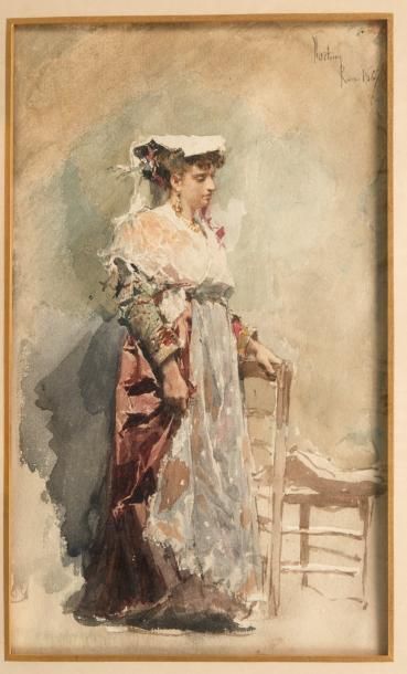 MARIANO JOSÉ MARÍA BERNARDO FORTUNY Y CARBÓ (1838-1874) Femme au chapeau de profil,...
