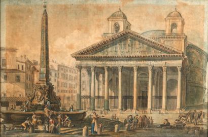 École ITALIENNE du début du XIXe siècle Paysage et fontaine avec le Panthéon à Rome
Plume...