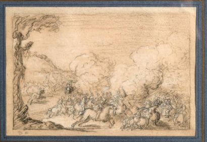 École FRANÇAISE du XVIIIe siècle Choc de cavalerie
Crayon noir. Annoté «B inv» en...