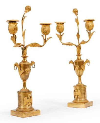 null PAIRE DE CANDÉLABRES à deux bras de lumières en bronze ciselé et doré. Base...