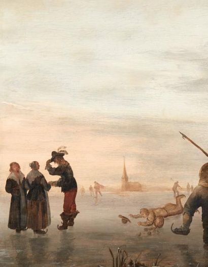 ABRAHAM CALRAET (DORDRECHT 1642 - AMSTERDAM 1722) Les patineurs Panneau parqueté....