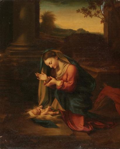 ÉCOLE FRANCAISE VERS 1700, D'APRÈS LE CORREGE Vierge adorant l'Enfant
Toile.
H_82...