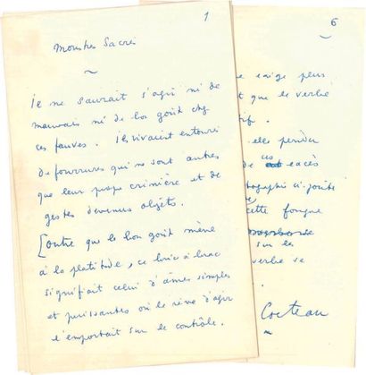 Jean COCTEAU. Manuscrit autographe signe, Monstres Sacrés, [octobre 1953]; 6 pages...