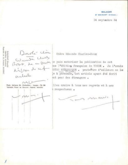 FRANÇOIS MAURIAC (1885-1970). L.S. avec 2 mots autographes avec carte postale a.s.,...