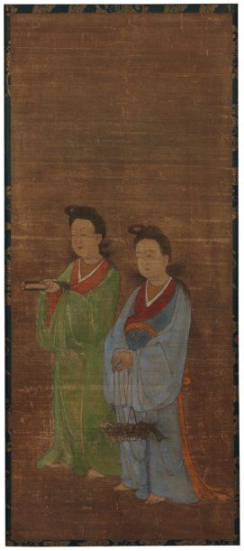 Anonyme Peinture sur soie Deux jeunes femmes debout portant des offrandes. XVIIème...