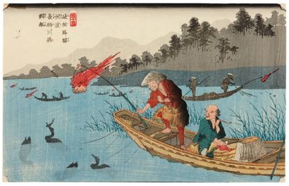 Eisen Keisai Ikeda (1790-1848) Kiso no Eki - Kawato Nagae gawa U-Kai Fune La pêche...