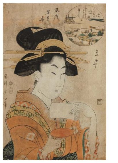 Eizan Kikugawa (1787-1867) Une jeune femme tenant entre ses mains un rouleau de papier...