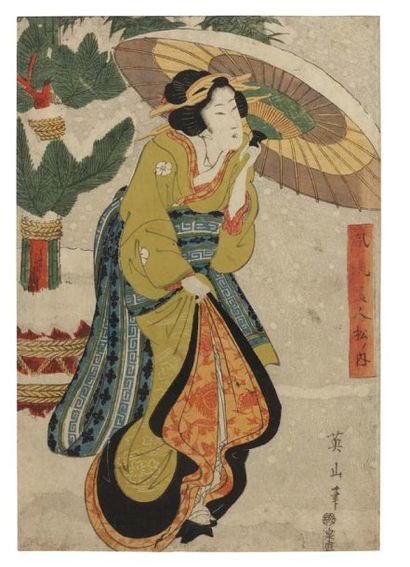 Eizan Kikugawa (1787-1867) Jeune femme marchant dans la neige D'une série de trois,...