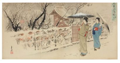 Gekko Ogata (1859-1920) Neige sur les abricotiers à Kameido Deux beautés se promènent...