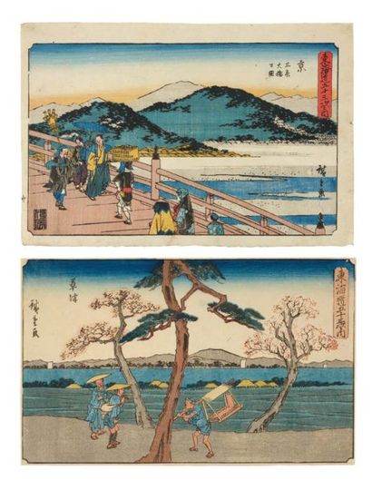 null Lot de : a - Hiroshige Andô (1797-1858) Kusatsu Sur une route bordée de trois...
