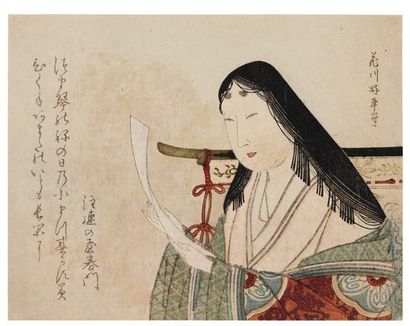 Kasen Yoshihira Portrait en buste d'une dame de la cour : elle tient un tanzaku,...