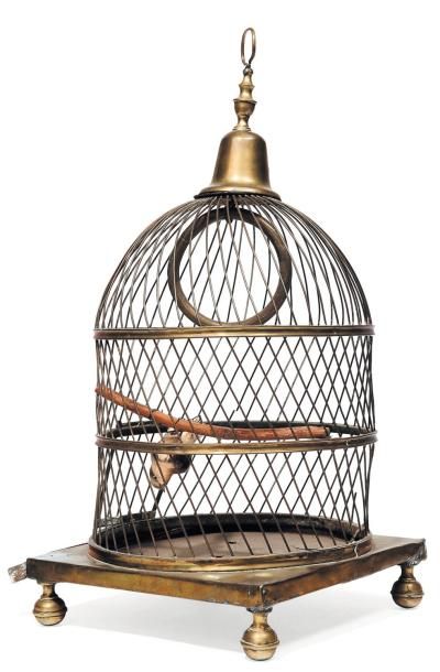 Cage à oiseaux en cuivre contenant un petit...