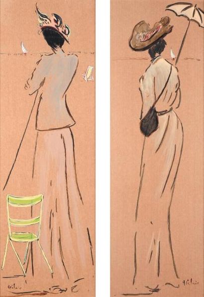 HENRI SAINT CLAIR Femme élégante à la plage. Dessin et gouache sur papier, vers 1930....