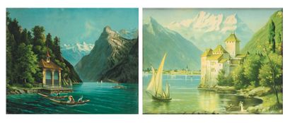  Deux chromolithographies représentant des vues de montagnes et de lacs.