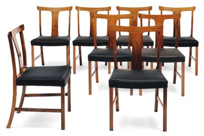 OLE WANSCHER (1903-1985) Suite de huit chaises "Benedikte". Cuir noir patiné et palissandre...