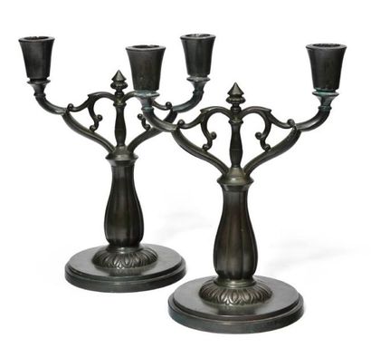 JUST ANDERSEN (1884-1943) Paire de chandeliers. Bronze. Signés. Vers 1930. H_22 cm...