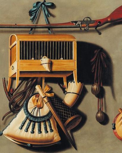 JOHANNES LEEMANS (LA HAYE 1633-1688) Trompe l'oeil avec les accessoires de la chasse...