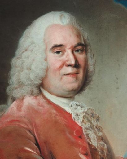 LOUIS VIGEE (PARIS 1715-1767) Portrait d'un gentilhomme en habit rouge, assis, tenant...