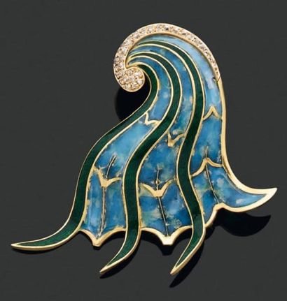 Jean FOUQUET. Années 1950 BROCHE en forme de vague stylisée en or émaillé bleu en...