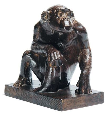 GEORGES LUCIEN GUYOT (1885-1973) Petit singe assis Épreuve en bronze patiné. Signée...