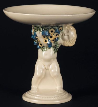 MICHAEL POWOLNY (1871-1954) Putti soutenant une coupe Porcelaine glaçurée Wiener...