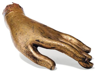  Main de bouddha Bronze laqué, or Dans le geste abhaya mudra. Sud-est asiatique XVIIe/XVIIIe...