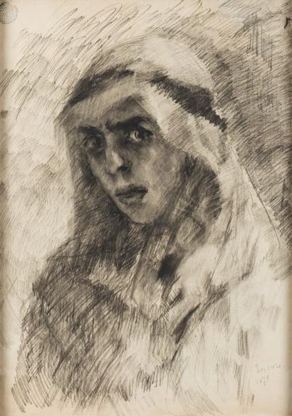 JAMES ENSOR (1860-1949) Portrait en Arabe, 1878 Fusain sur papier Signé en bas à...