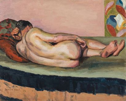 DUNCAN GRANT (1885-1978) Jeune homme allongé nu de dos, 1935 Huile sur toile Signée...