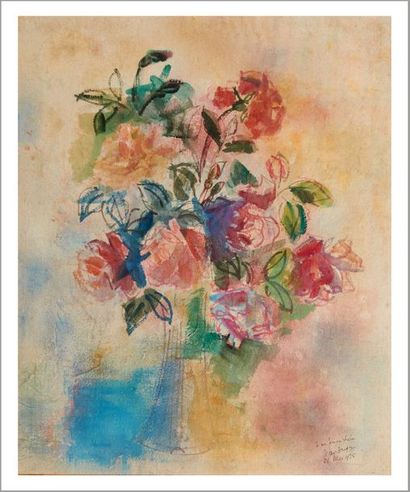Jean DUFY (1888-1964) 
Bouquet de rose dans un vase, 21 mai 1925
Aquarelle sur papier.
Signée...