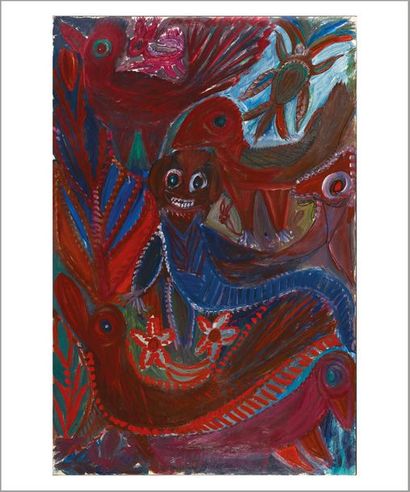 Anselme BOIX-VIVES (1899-1969) 
Animal bleu avec oiseaux et animaux
Huile sur papier...